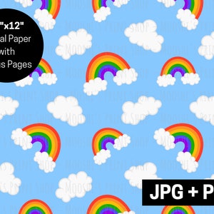 Puede incluir: Un patrón de papel digital sin costuras con un diseño repetitivo de arcoíris coloridos y nubes blancas sobre un fondo azul claro. El texto "12"x12" Digital Paper with Bonus Pages" se muestra en un círculo negro.