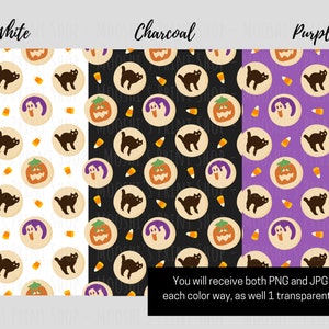 Op de afbeelding: Een naadloos patroon met Halloween-koekjes in verschillende ontwerpen, waaronder geesten, pompoenen en zwarte katten. Het patroon wordt in drie kleurvariaties getoond: wit, antraciet en paars.