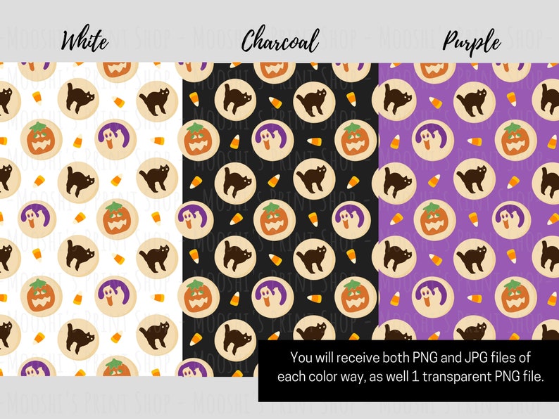 Op de afbeelding: Een naadloos patroon met Halloween-koekjes in verschillende ontwerpen, waaronder geesten, pompoenen en zwarte katten. Het patroon wordt in drie kleurvariaties getoond: wit, antraciet en paars.