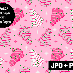 Rosa Baumkuchen-Digitalpapier, Feiertags-Weihnachtssnackkuchen-Leckerbissen-nahtlose Datei, niedliches trendiges Pastellweihnachtssublimationsbild, Download JPG PNG