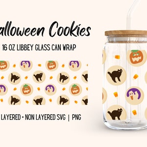 May include: Halloween Cookies 16 oz Libbey Glass Can Wrap. A digital design featuring a pattern of cookies with black cats, ghosts, and jack-o'-lanterns. The design is layered and non-layered SVG and PNG.
