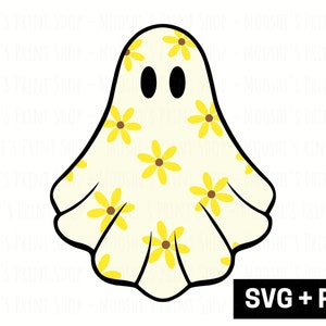 Imágenes prediseñadas de fantasma de margarita amarilla, gráfico de fantasma floral de girasol de flor linda de Halloween, archivo de corte de imagen de sublimación de temporada espeluznante, descargar SVG PNG