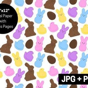 Peut inclure: Un motif de papier numérique sans couture avec des Peeps roses, bleus, violets et jaunes pastel, des lapins en chocolat et des œufs bruns. Le motif mesure 12 pouces sur 12 pouces et comprend des pages bonus. Le texte "JPG + PNG" est dans le coin inférieur droit de l'image.