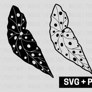 May include: Two black and white illustrations of a spotted leaf. The leaf on the left is solid black with white spots. The leaf on the right is white with black spots. The text "SVG + PNG" is at the bottom of the image.