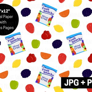 Gummibärchen Obst Snacks digitales Papier, Erdbeere Kirsche Apfel Orange behandeln nahtlose Clipart Grafiken, Sublimation wiederholendes Muster, PNG JPEG