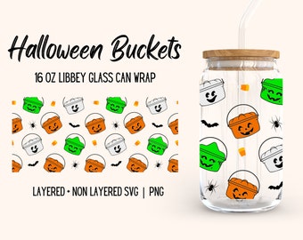 Halloween Bucket Libbey Glass Wrap, Cute Candy Trick or Treat Boo Pail Spooky Graphics, 16oz Beer Glass Seamless Design, Download SVG PNG