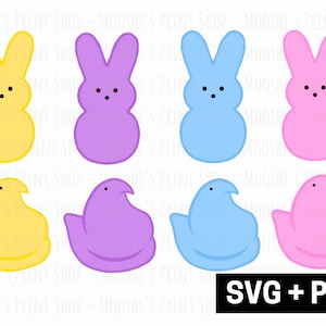 K&ouml;nnte beinhalten: Sechs digitale Schnittdateien von Oster-Peeps in verschiedenen Farben, darunter Gelb, Lila, Blau und Rosa. Die Peeps haben die Form eines Hasen und eines K&uuml;ken.