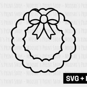 May include: A black and white outline of a Christmas wreath with a bow. The wreath is decorated with a bow and a small circle in the center. The text "SVG + PNG" is at the bottom of the image.