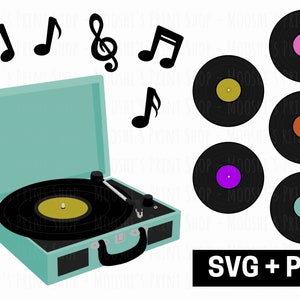 Paquete de imágenes prediseñadas del reproductor de discos de vinilo, tocadiscos de discos de colores de notas musicales, altavoz de maleta vintage retro, archivos de corte de sublimación PNG SVG