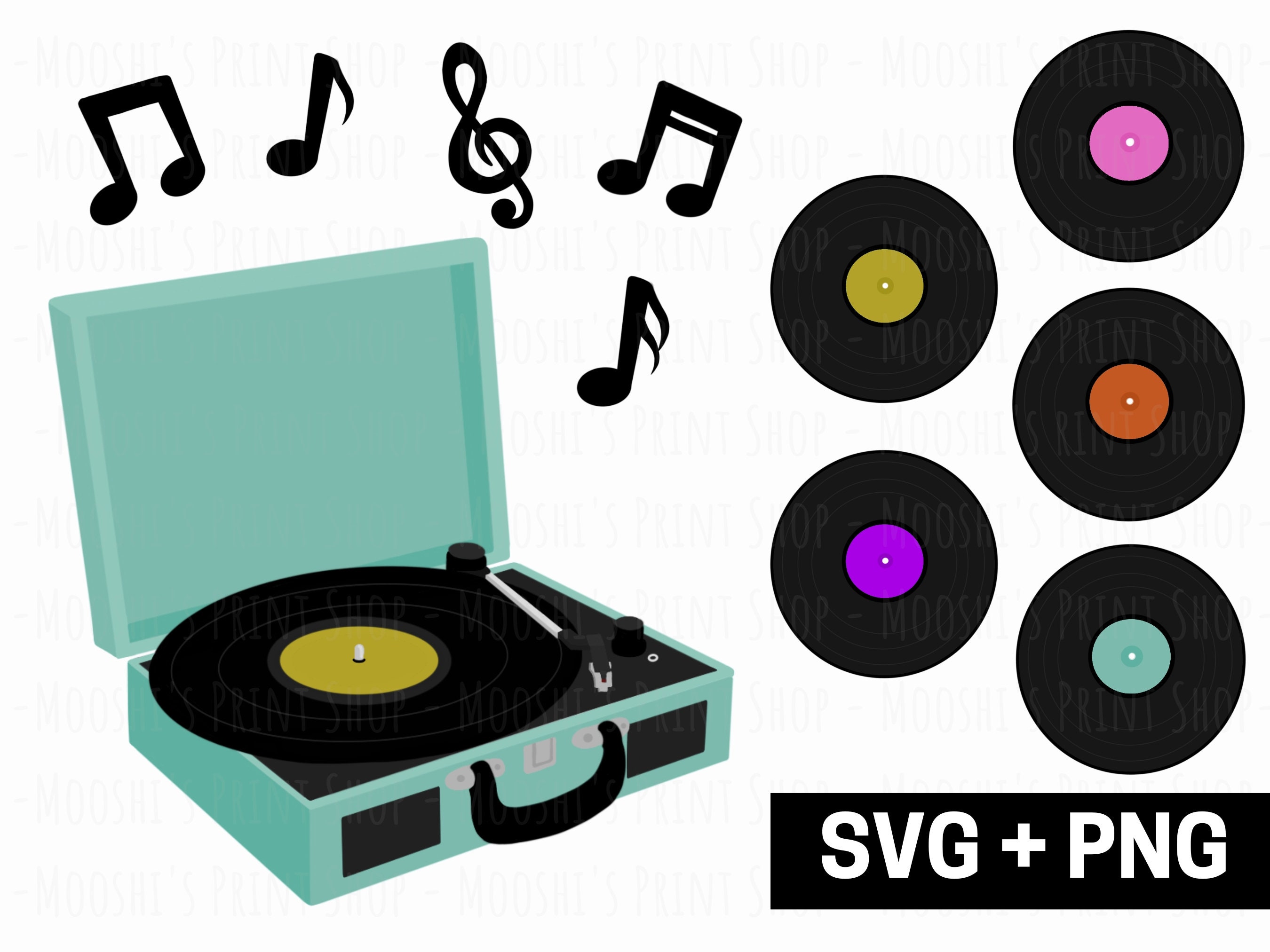 Paquete de imágenes prediseñadas del reproductor de discos de vinilo, tocadiscos de discos de colores de notas musicales, altavoz de maleta vintage retro, archivos de corte de sublimación PNG SVG
