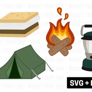 Pacote de clipart de acampamento, fogueira de acampamento tenda de dormir Marshmallow Smores gráficos de lanterna, lindos arquivos de corte de sublimação para caminhadas de verão, baixar SVG PNG