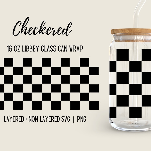 Checkered Libbey Glass Wrap, Cute Retro Square Pattern Graphics, Simple Checkers, Trendy 16oz Beer Glass Seamless Design, Download SVG PNG