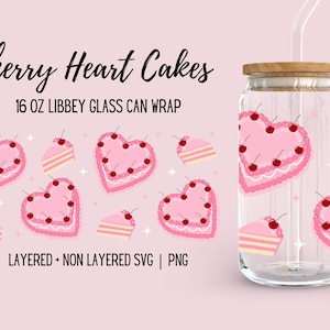 Kirschherz-Kuchen Libbey Glasverpackung, niedliche Vintage-Valentinstagsgrafiken, rosa Cottagecore trendiges 16 Unzen Bierglas-nahtloses Design, SVG-PNG