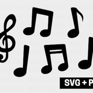 Paquete de imágenes prediseñadas de nota musical, gráficos de silueta de nota musical negra simple, forma de nota musical, archivo de corte de imagen de sublimación, descargar SVG PNG