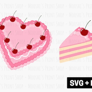 Clipart de bolo em forma de coração rosa cereja, fatia de bolo de frutas cottagecore vintage fofo, gráficos de arquivo cortado por sublimação, download digital SVG PNG