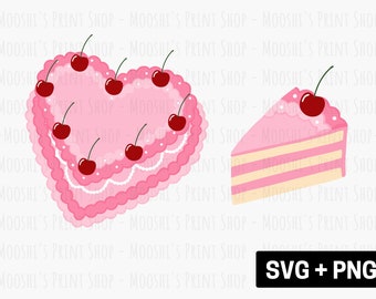 Kirschrosa herzförmige Kuchen Clipart, süßes Vintage-Cottagecore-Obstkuchenstück, Sublimationsschnitt-Dateigrafik, digitaler Download SVG PNG