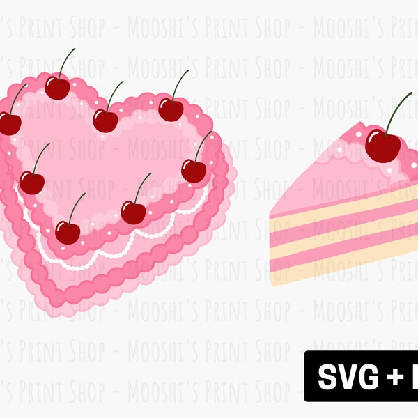 Cherry Pink Heart Shaped Cake Clipart, Cute Vintage Cottagecore Fruit Cake Slice, Sublimation Cut File Graphics, Digital Download SVG PNG