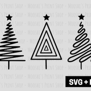 May include: Three black and white Christmas tree illustrations. The first tree is a simple zig-zag design. The second tree is a geometric design with concentric triangles. The third tree is a spiral design.