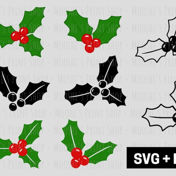 Holly Clipart Bundle, Christmas Holiday Outline Cutout Simple Silhouette Graphics, Cute Trendy Xmas Sublimation Cut Files, Download SVG PNG