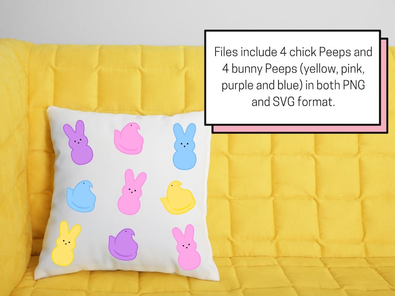 K&ouml;nnte beinhalten: Ein wei&szlig;es Kissen mit acht bunten Cartoon-Peeps, darunter gelbe, rosa, lila und blaue Hasen-Peeps und gelbe K&uuml;ken-Peeps. "Files include 4 chick Peeps and 4 bunny Peeps (yellow, pink, purple and blue) in both PNG and SVG format." steht auf einem rosa und wei&szlig;en Rechteck.