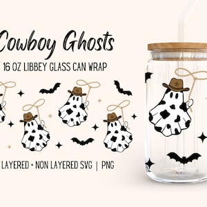 Cowboy Ghost Libbey Glas Wrap, niedliche Kuhprint Hut Lasso Fledermaus Halloween Spooky Season Grafiken, 16 Unzen Bierglas nahtloses Design, SVG PNG