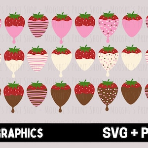 May include: An illustration featuring 24 strawberries with green tops, each dipped in different coatings. The coatings include pink, white, and chocolate, with patterns such as polka dots and stripes. The image includes the text "24 GRAPHICS SVG + PNG".