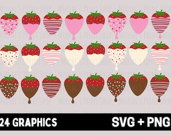 Pink Chocolate Covered Strawberries Clipart Bundle, Cute Valentine's Day Candy Dipped Fruit Graphics, Sublimation Cut File, Download SVG PNG