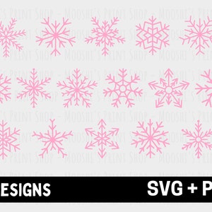 May include: A set of 16 pink snowflake designs in SVG and PNG format. The snowflakes are all different shapes and sizes, and they are perfect for adding a festive touch to your crafts and projects.