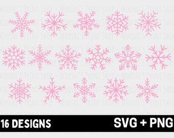 Paquete de 16 imágenes prediseñadas de copo de nieve rosa, gráficos de copo de nieve de vacaciones de invierno, archivo de corte de sublimación de Navidad, descarga de silueta simple SVG PNG