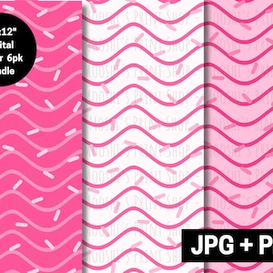 Könnte beinhalten: Ein digitales Papierpaket mit drei verschiedenen Mustern. Jedes Muster zeigt rosa Wellenlinien und weiße Streusel auf einem rosa oder weißen Hintergrund. Der Text "12"x"12" Digital Paper 6pk Bundle" befindet sich in einem schwarzen Kreis auf der linken Seite des Bildes. Der Text "JPG + PNG" befindet sich in einem schwarzen Rechteck unten rechts im Bild.