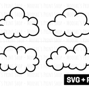 May include: Four black and white outline illustrations of clouds. The clouds are in different shapes and sizes. The text "SVG + PNG" is at the bottom of the image.