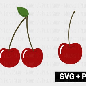 May include: Three red cherries with green stems and leaves. The cherries are arranged in a row, with the two on the left side slightly overlapping. The cherry on the right is isolated.  SVG + PNG