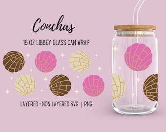 Conchas Libbey Glass Wrap, Cute Pan Dulce Pink Mexican Sweet Bread Graphics, Nostalgic Food Trendy 16oz Beer Cup Seamless Design, SVG PNG