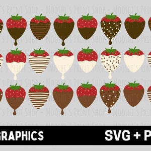 Pode incluir: Vinte e quatro gráficos digitais de morangos mergulhados em chocolate. Os morangos são vermelhos com folhas verdes. O chocolate é castanho, branco e listrado. Alguns morangos têm chocolate branco com bolinhas castanhas. Alguns morangos têm chocolate castanho com bolinhas brancas. Alguns morangos têm listras castanhas e brancas.