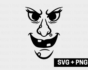 Witch Face Clipart, Halloween Eyes Mouth Outline Simple Black Silhouette, Spooky Season Sublimation Image Cut File, Download SVG PNG