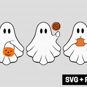 Spooky Ghosts Clipart Bundle, Cute Trick or Treat Halloween Graphics, Ghosts with Candy Pumpkin Pail Sublimation Cut File, Download SVG PNG