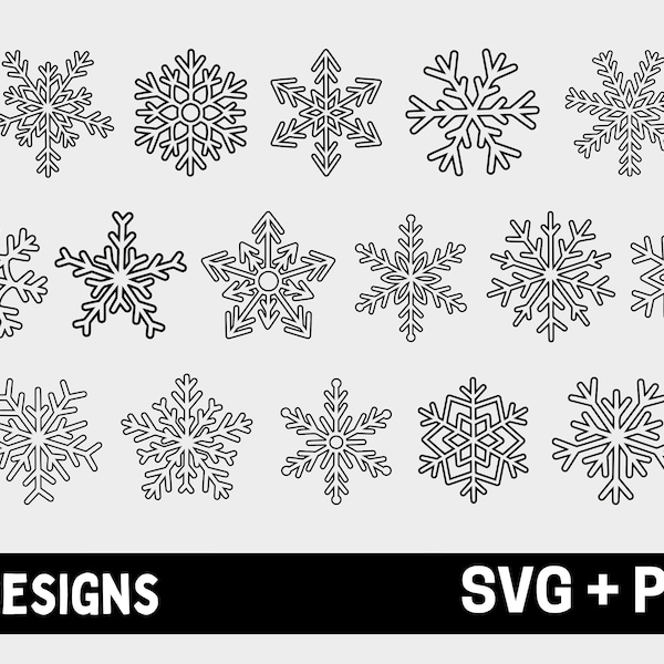 Snowflake Outline Clipart 16 Pack Bundle, Winter Holiday Snowflake Graphics, Christmas Sublimation Cut Files, Simple Cu Download SVG PNG