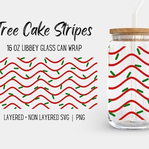 Weihnachtsbaum-Kuchenstreifen und Streusel Libbey Glasverpackung, niedliche Feiertags-Snack-Grafik, trendige 16-Unzen-Bierdosenschale, nahtloses Design, SVG-PNG