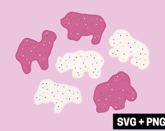 Clipart de biscuits animaux de cirque givré, rose et blanc saupoudre des graphiques de biscuits animaux, fichiers de coupe par sublimation, téléchargement numérique SVG PNG