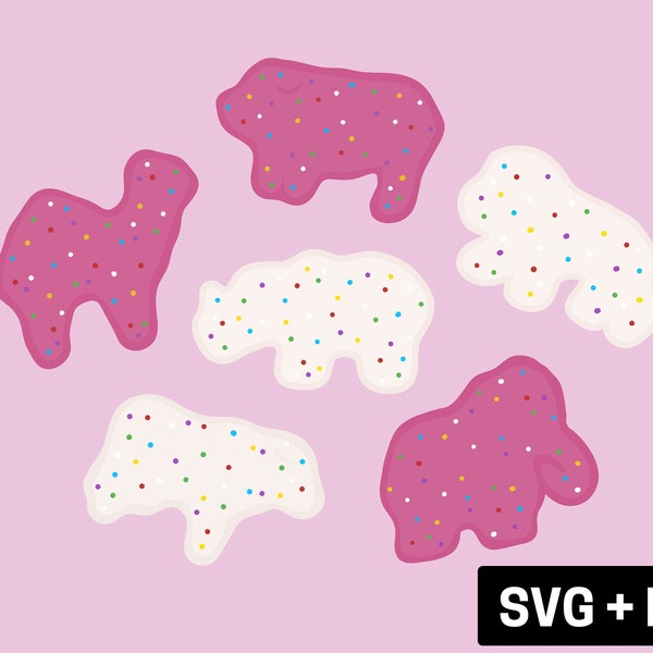 Clipart de biscuits animaux de cirque givré, rose et blanc saupoudre des graphiques de biscuits animaux, fichiers de coupe par sublimation, téléchargement numérique SVG PNG