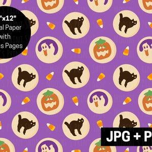Op de afbeelding: Een naadloos digitaal papierpatroon met een paarse achtergrond en verschillende Halloween-koekjes. De koekjes zijn versierd met geesten, pompoenen en zwarte katten. Het patroon is perfect voor knutselprojecten, scrapbooking en meer.