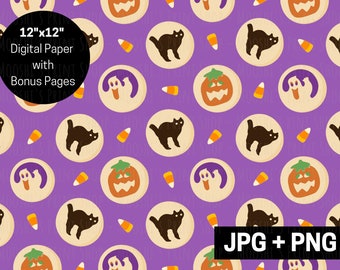 Papel digital de galleta de azúcar espeluznante, calabaza de Halloween, gato fantasma, maíz dulce, archivo sin costuras, linda imagen de sublimación de regalo de otoño, descargar JPG PNG