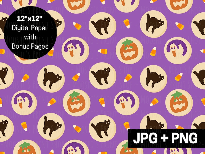 Op de afbeelding: Een naadloos digitaal papierpatroon met een paarse achtergrond en verschillende Halloween-koekjes. De koekjes zijn versierd met geesten, pompoenen en zwarte katten. Het patroon is perfect voor knutselprojecten, scrapbooking en meer.