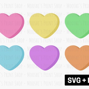 Może przedstawiać: Sześć serc w kształcie serca w różnych kolorach: różowym, żółtym, zielonym, jasnoniebieskim, fioletowym i pomarańczowym. Serca są ułożone w dwóch rzędach po trzy. Tekst "SVG + PNG" znajduje się na dole obrazu.