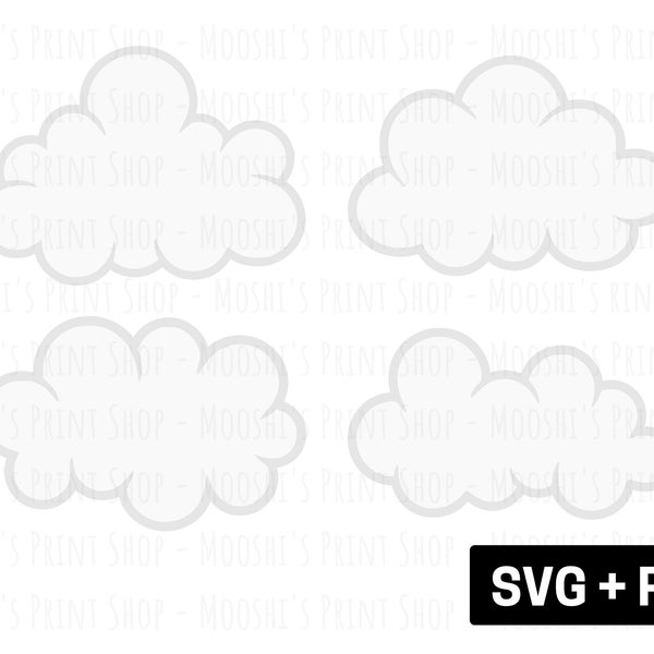 Cloud Bundle Clipart, Fluffy White Classic Simple Outlined Cloud, Storm Weather Sublimation Cut File Graphics, Digital Download SVG PNG