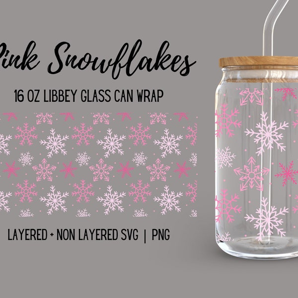 Pink Snowflake Libbey Glass Wrap, Cute Christmas Winter Snow Holiday Graphics, Trendy 16oz Beer Glass Seamless Design, Download SVG PNG