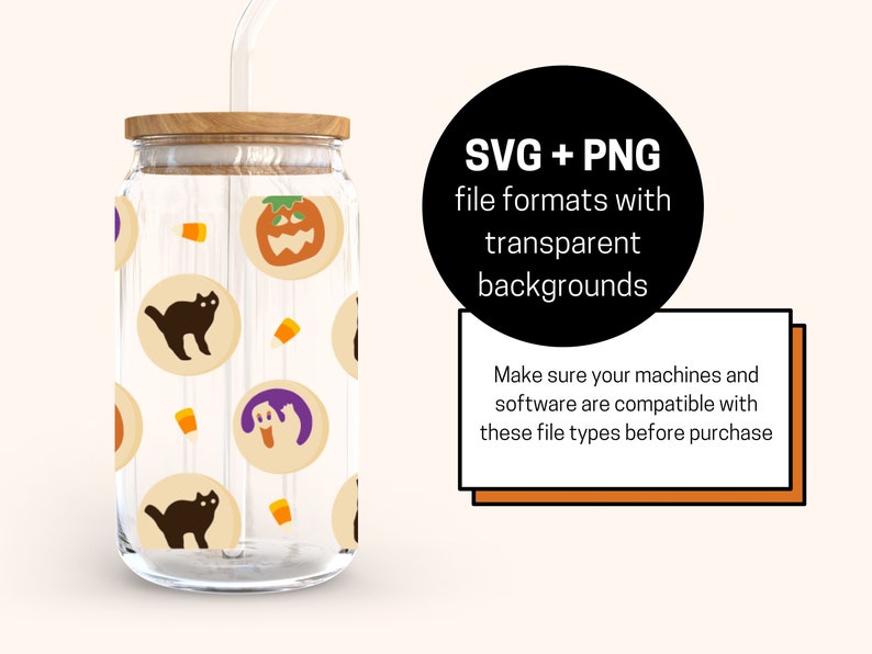 May include: A clear glass tumbler with a wooden lid and a straw. The tumbler has a Halloween-themed design with black cats, pumpkins, and candy corn.