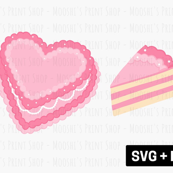 Pink Heart Shaped Cake Clipart, Cute Vintage Cottagecore Valentine's Day Cake Slice, Sublimation Cut File Graphics, Digital Download SVG PNG