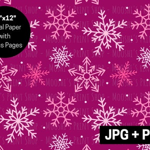 May include: A digital paper pattern featuring a repeating design of pink snowflakes on a magenta background. The text "12"x12" Digital Paper with Bonus Pages" is in a black circle at the top left of the image. The text "JPG + PNG" is in a black rectangle at the bottom right of the image.