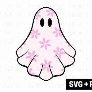 Pink Daisy Ghost Clipart, Cute Flower Halloween Floral Sheet Ghost Graphic, Spooky Season Sublimation Image Cut File, Télécharger SVG PNG